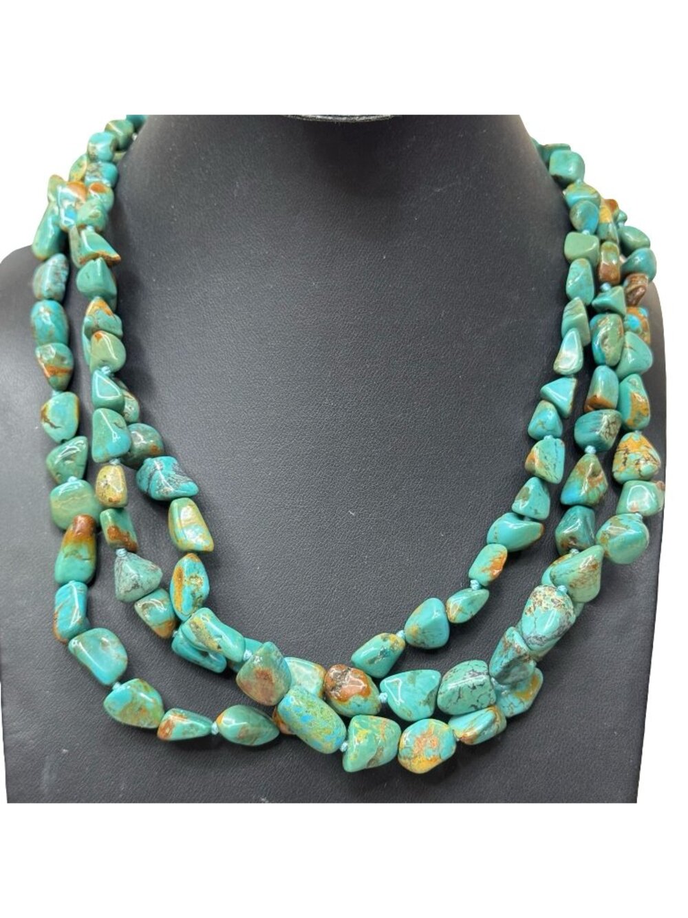 3 Strand Turquoise Gemstone Beaded Necklace Mother-Of-Pearl Magnetic Clasp 19"